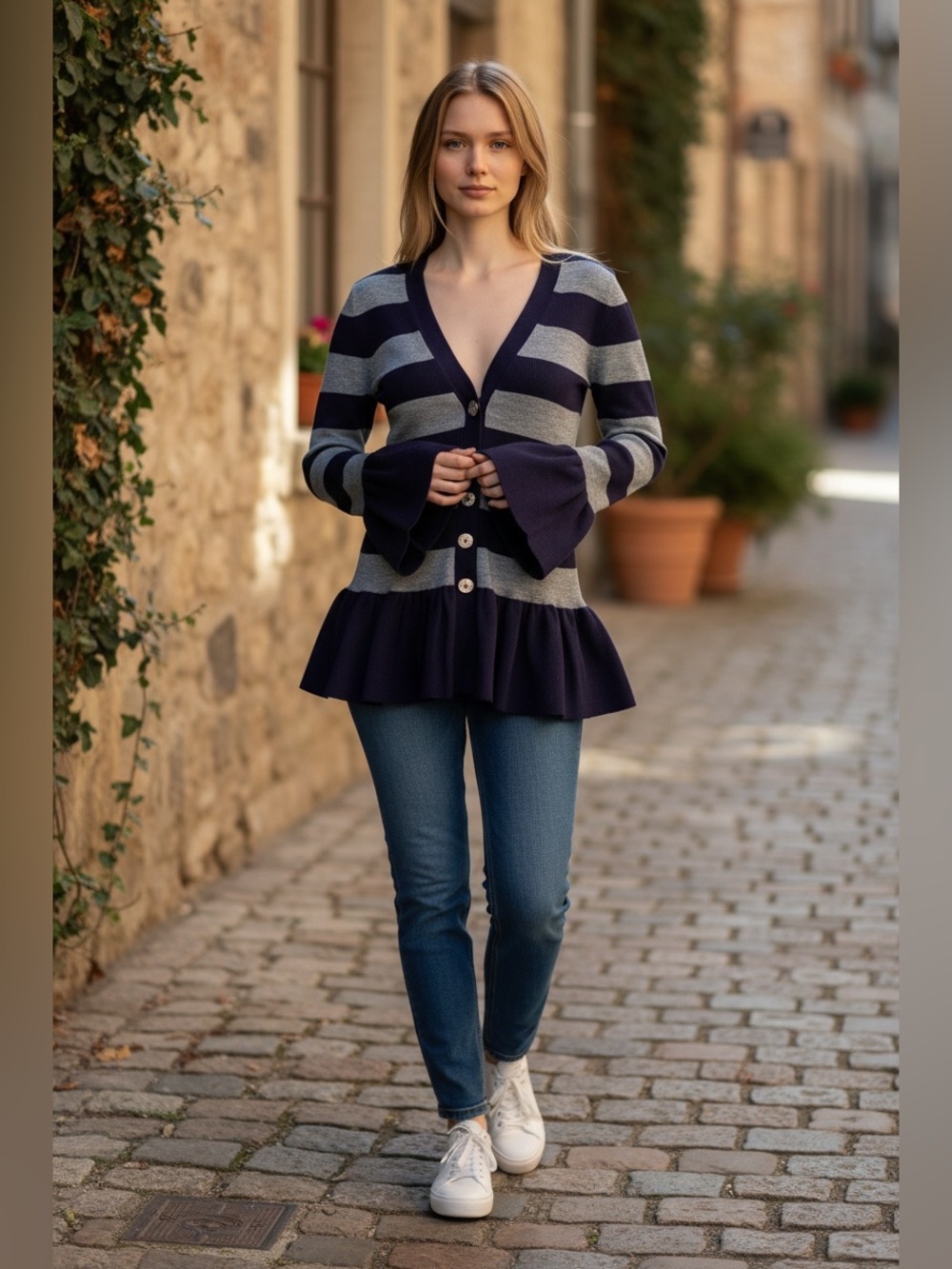 Burberry Navy and Gray Striped Button-Front Peplum Cardigan